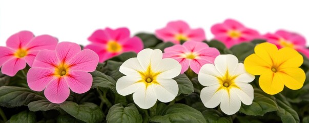 Obraz premium A vibrant arrangement of pink, white, and yellow flowers against a clean background.