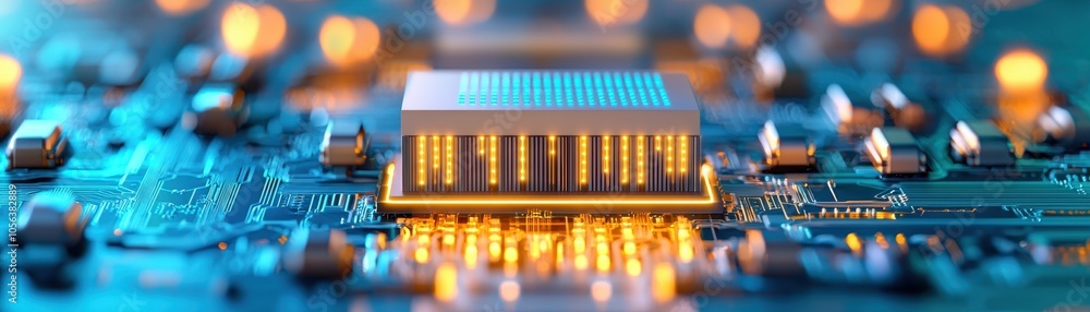 Poster a close-up of a microchip on a circuit board, illuminated with a vibrant blue and gold glow, showcas