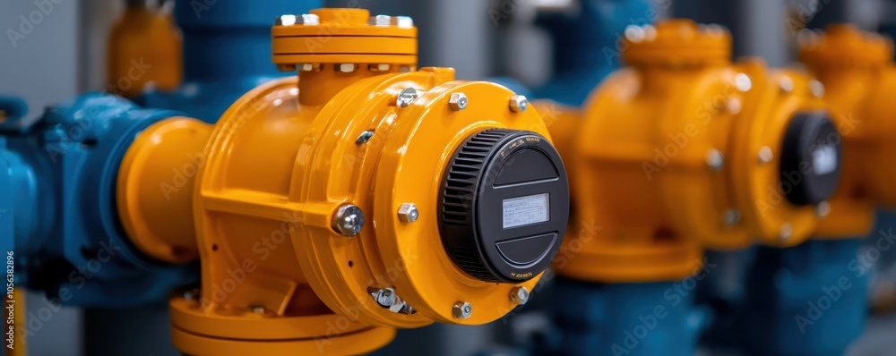 Poster the image showcases industrial water pumps with orange components, highlighting their intricate desi