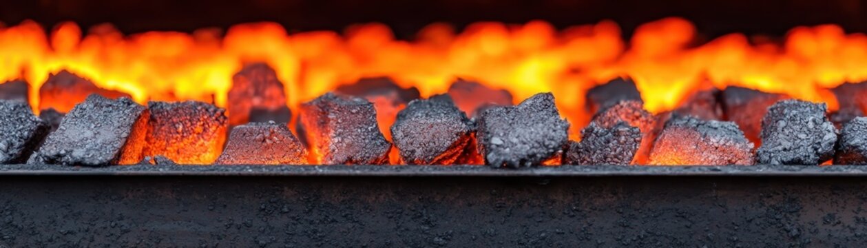 An image showcasing glowing charcoal brickets, emitting fiery orange flames, ideal for grilling and barbecuing.