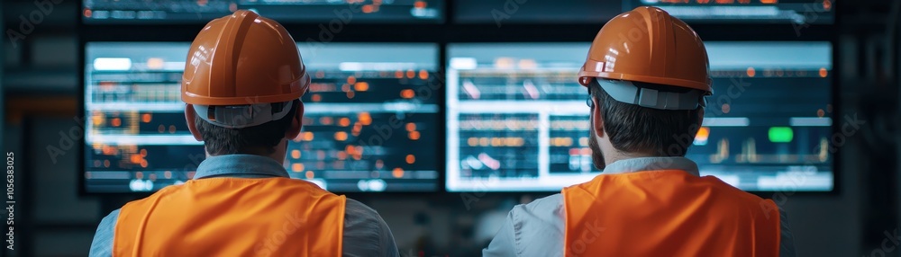Poster two workers in safety gear monitor multiple screens displaying complex data in an industrial control