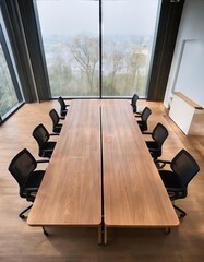 Fototapeta premium Interior of modern meeting room with large wooden table and black chairs