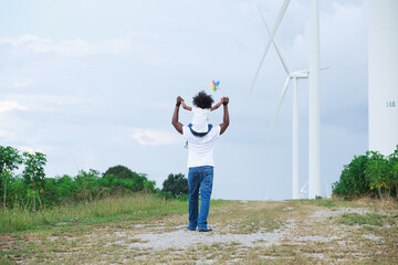 Father carrying child daughter on shoulders and waving their arms like windmill, Just finished work...