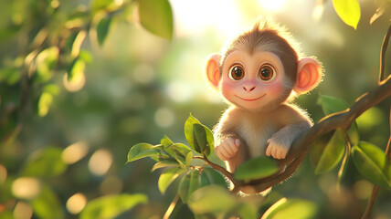 Fototapeta premium A curious baby monkey explores a lush green forest during golden hour sunlight