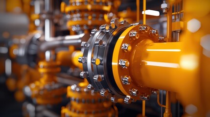 Obraz premium A close-up of industrial piping and connectors, showcasing detailed mechanical components in vibrant orange and metallic hues.