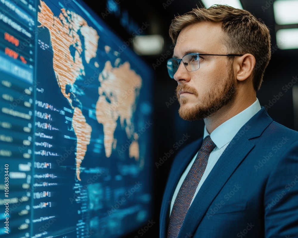 Poster a focused professional analyzes global data displayed on a high-tech screen in a modern office envir