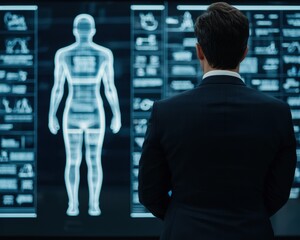 A professional examining a digital human anatomy display, showcasing various body parts and health metrics on a futuristic screen.