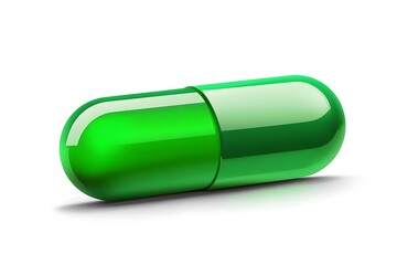 Shiny green pill casting a shadow on a white background represents medicine, healthcare, and pharmaceutical industry
