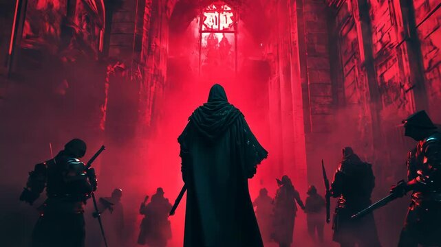 The lone warrior stands against a horde of enemies in a ruined cathedral