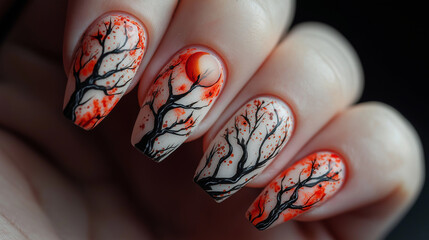 Nails inspired by Halloween with themes like fall leaves, harvest moons, and spooky trees for an autumn vibe.