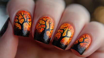 Nails inspired by Halloween with themes like fall leaves, harvest moons, and spooky trees for an autumn vibe.