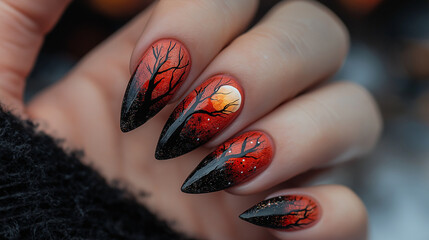 Nails inspired by Halloween with themes like fall leaves, harvest moons, and spooky trees for an autumn vibe.