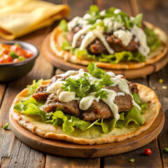 Authentic Mexican tostada with seasoned beef, lettuce, and white crema topping / Tostada mexicana auténtica con carne sazonada, lechuga y cobertura de crema blanca