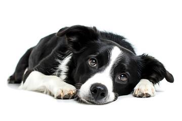 Border collie dog lying down on white background feeling guilty