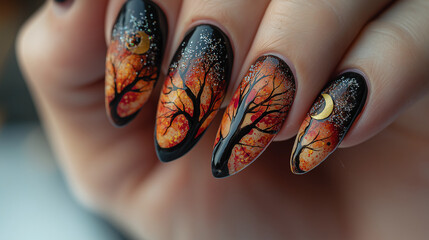 Nails inspired by Halloween with themes like fall leaves, harvest moons, and spooky trees for an autumn vibe.