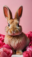 Obraz premium This fluffy brown rabbit, surrounded by vibrant pink roses, displays its adorable expression while being positioned against a soft, pastel backdrop
