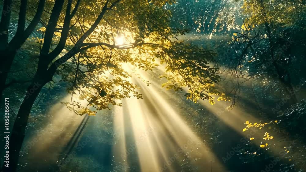 Poster sunlight streams through the leaves of a tree in a forest