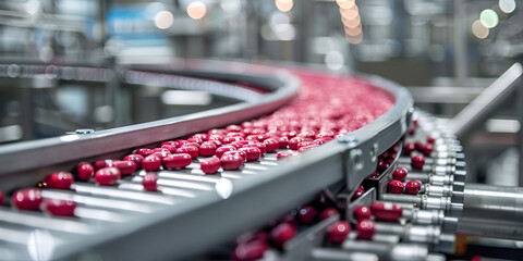 Obraz premium Red Pills on Automated Conveyor in Pharmaceutical Production, Medicine Manufacturing Process