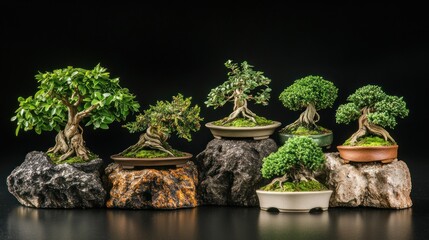 A collection of bonsai trees displayed on rocks, showcasing artistry and nature's beauty.