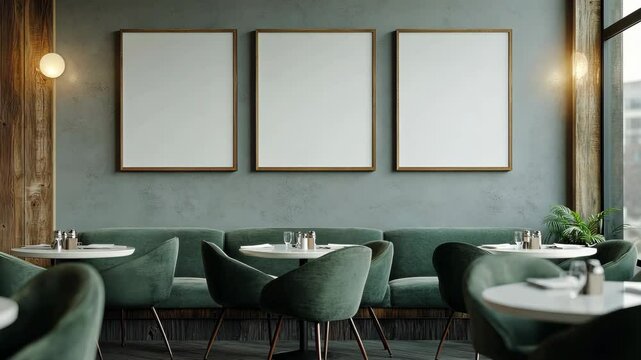 Modern cafe with green chairs, wooden wall panels, three empty frames, and white tables, light background. Cozy dining concept. Video