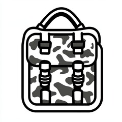 A camo backpack is illustrated in black and white line art against a white background, showcasing its practical features and stylish design elements