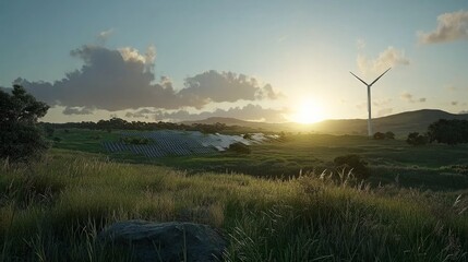 Serene Landscape with Wind Turbine and Solar Panels