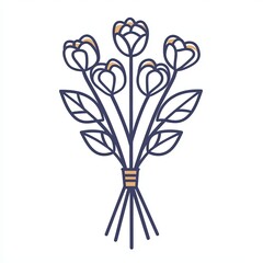 Stylized line drawing of a wedding bouquet featuring five flowers, elegantly arranged with leaves, creating a simple yet appealing floral design