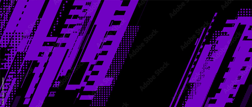 Poster abstract purple and black background with geometric shapes and halftone dots.
