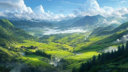Stunning Green Valley Landscape with Mountains and Clouds