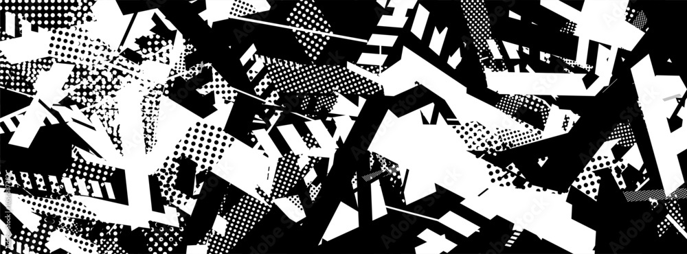 Poster abstract geometric black and white pattern with dotted textures.