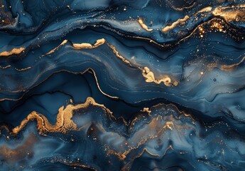 Fototapeta premium Elegant Abstract Fluid Art with Alcohol Ink and Gold Leaf, Blue and Black Flowing Shapes with Marble Texture