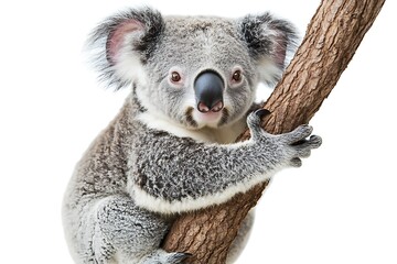Fototapeta premium Koala clinging to a tree branch, isolated on a white background