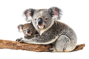 Obraz premium Mother koala embracing her baby while sitting on a branch against a white background