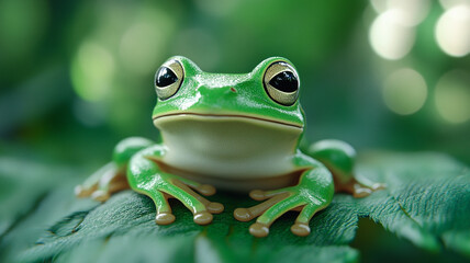 Naklejka premium A vibrant green frog resting on a leaf in a lush rainforest setting during daylight hours