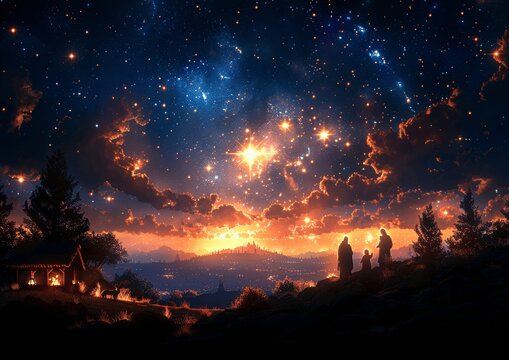 Star of Bethlehem Shining Over Stable with Mary Joseph Baby Jesus Silhouette Against Starry Night Sky Traditional Christmas Scene Digital Illustration