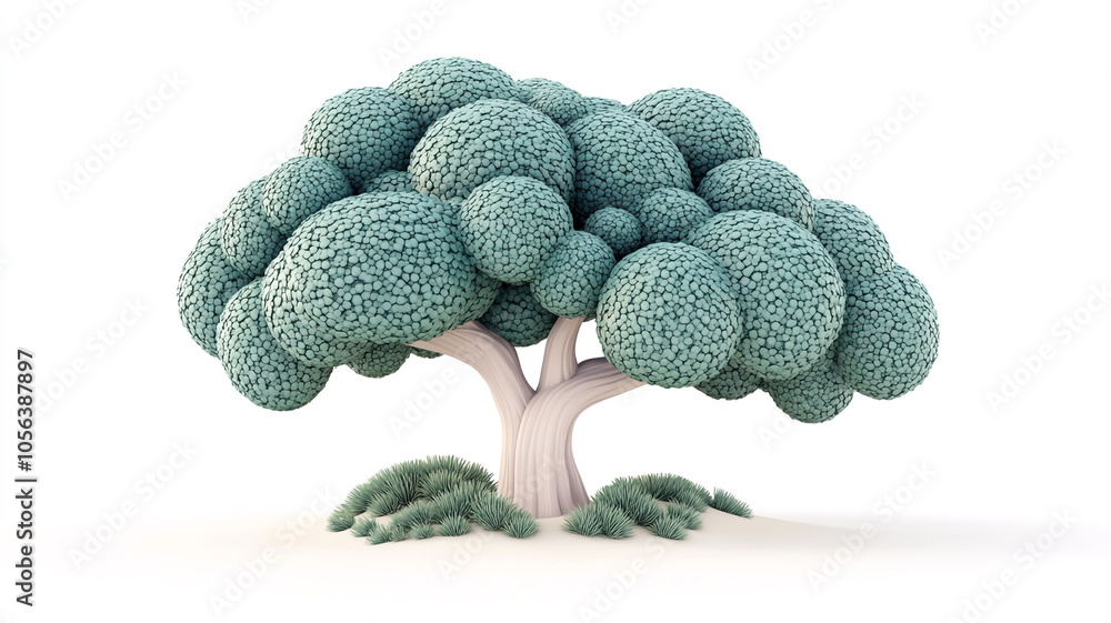 Poster unique stylized tree with round foliage and smooth trunk in a minimalist landscape setting