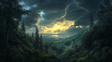 Obraz premium Dark and stormy sky over a dense forest, with lightning in the distance, generative ai