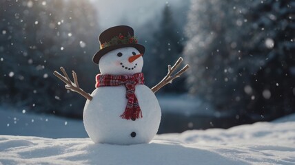 Obraz premium A snowman with a red scarf and a black hat stands in the snow