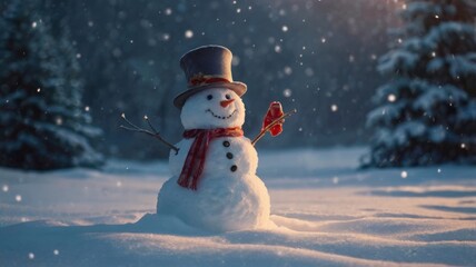 Fototapeta premium A snowman with a red scarf and hat is standing in the snow