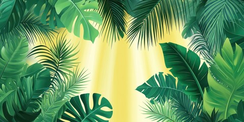 Lush tropical foliage framing a radiant light source, creating a serene atmosphere.