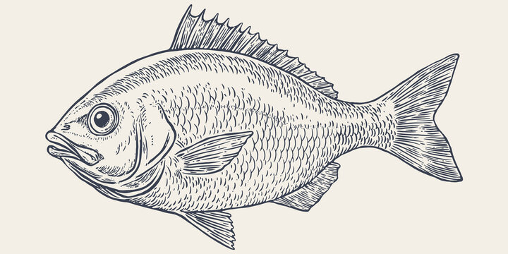 Gilt-head bream, fish, Dorado, seafood, sketch. Vintage retro print, seafood fish sketch, sea life, ink pencil style drawing engrave old school sketch, hand drawn. Sketch artwork fish. Illustration