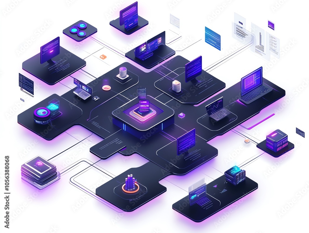 Poster 3D illustration of a futuristic network with computers, servers, and data.
