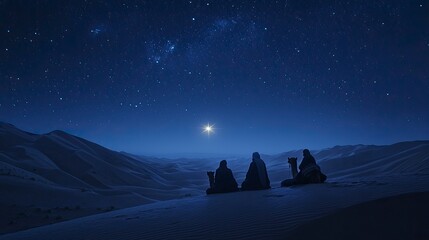 three wise man and three camels taking a break in the desert under an illuminated star, symbolizing divine presence during Christmas. ,generative ai