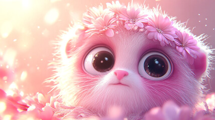 Obraz premium Adorable kitten with big eyes surrounded by pink flowers in a dreamy setting
