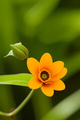 Obraz premium High resolution close up image of a orange flower in a green forest. Focus on the details of the orange flower including its texture flower finish and any safety features. Soft forest background