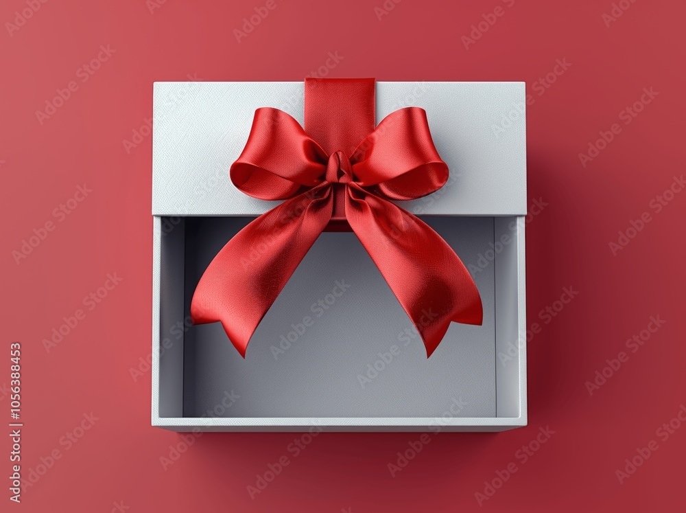 Poster open white gift box with red ribbon bow empty inside on vibrant solid colored background high resolu