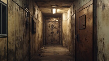 Abandoned  Corridor with Doors and Rusty Walls