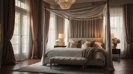 Elegant bedroom with a canopy bed and soft lighting.