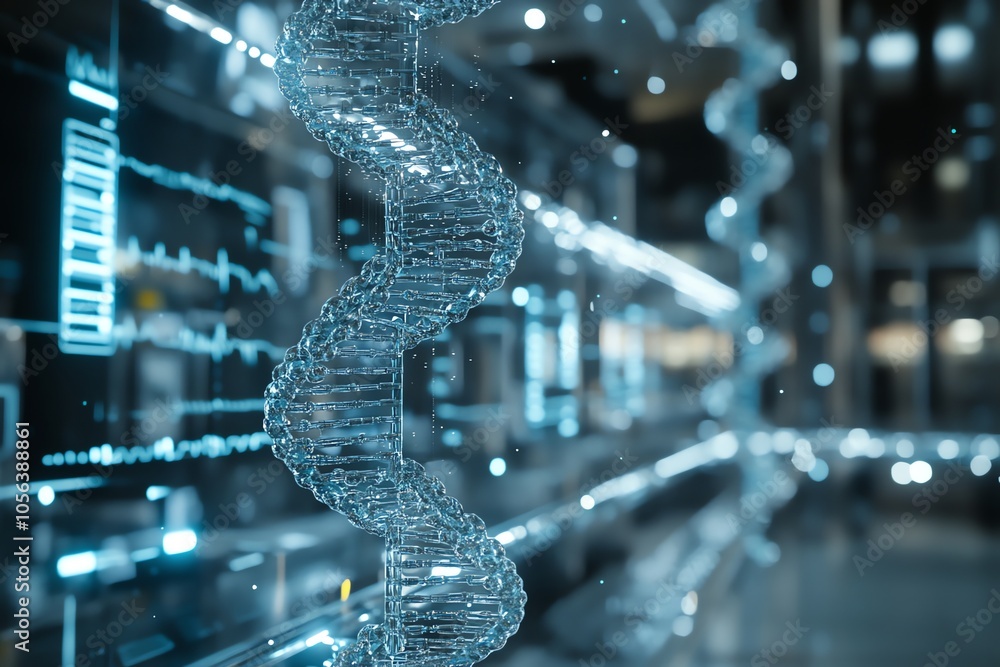 Poster a blue glowing dna strand floating in a high-tech laboratory with a blurred background.