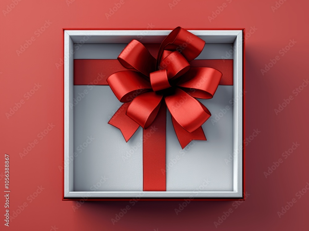 Poster empty white gift box with red ribbon bow top view on vibrant solid background high resolution detail